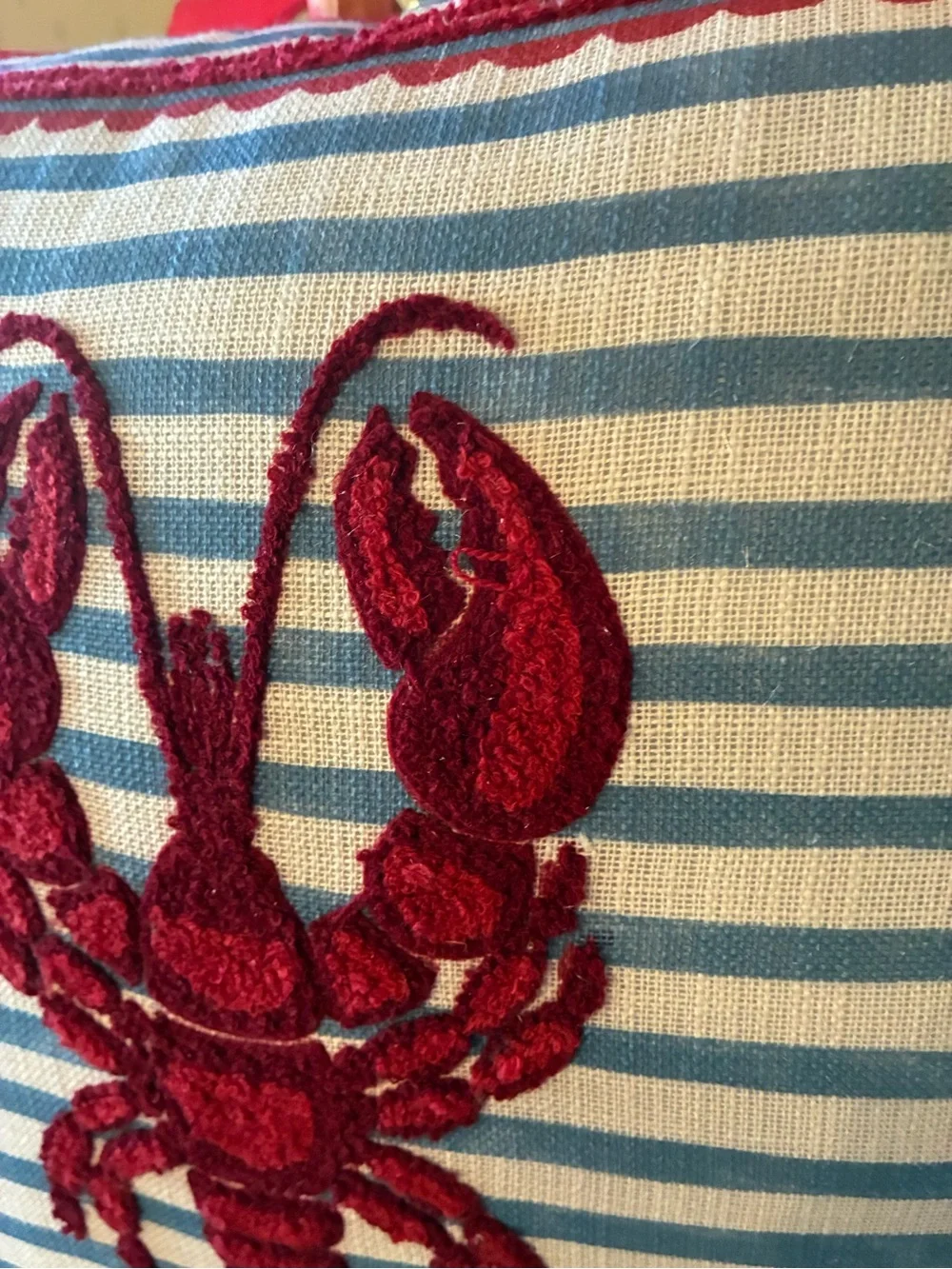 Nautica, LOBSTER pillow BLUE and WHITE stripe / RED embroidered lobster and trim